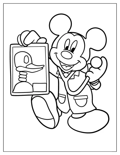 Doktor Mickey hält Donald Duck ein Röntgenbild hoch.
