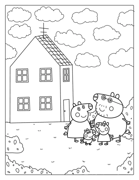 Peppa, Mamma Pig, Papà Pig e George sono davanti alla loro casa.