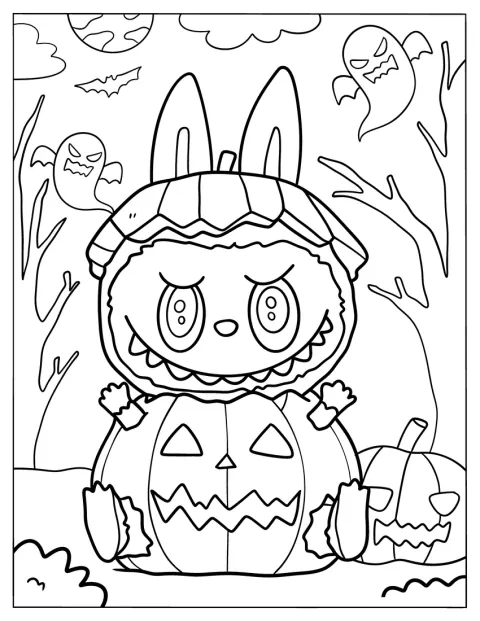 Labubu kurkistaa kaiverretun kurpitsalyhdyn sisältä.