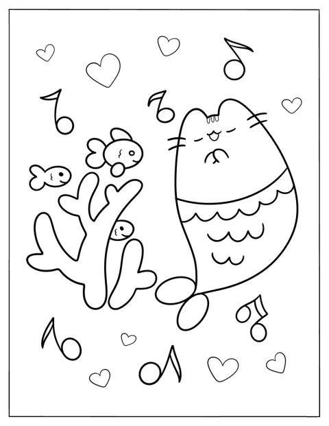 Pusheen w stroju syrenki śpiewa wśród ryb i koralowców.