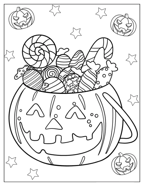 Una calabaza tallada de Halloween está repleta de caramelos.