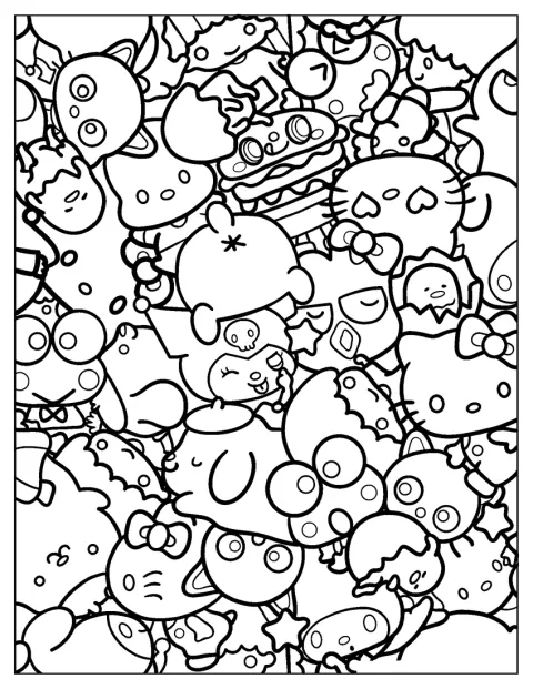 Viele Sanrio-Freunde sind gemeinsam auf einem großen Bild versammelt.