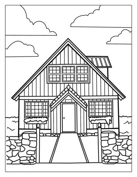 Una casetta di legno accogliente è raffigurata con dettagli decorativi.
