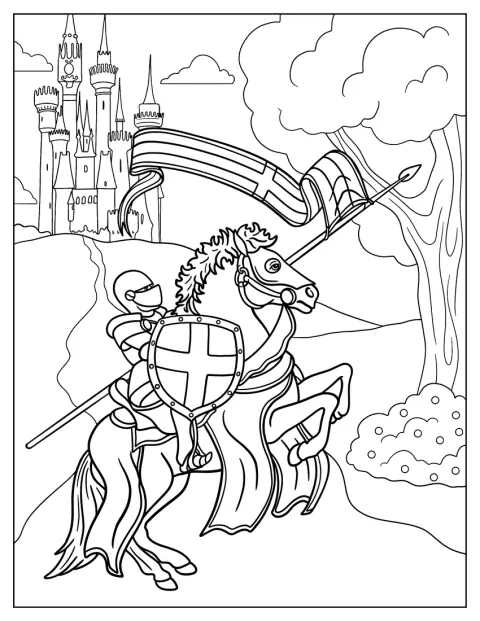 Un caballero montado a caballo se aleja de un castillo.