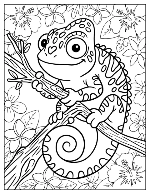 En glad kameleon sitter på en tregren omgitt av blomster.