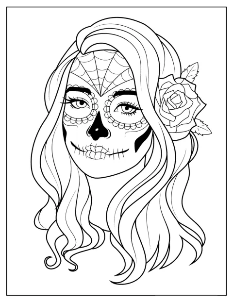 Uma menina está vestida com um disfarce de caveira mexicana.