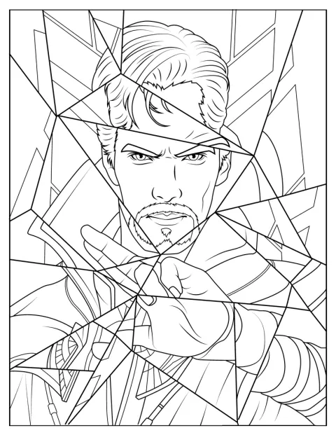 In den Scherben einer zerbrochenen Glasscheibe spiegelt sich Doctor Strange.
