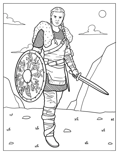 Dans les montagnes, une guerrière viking réaliste porte une épée et un bouclier.