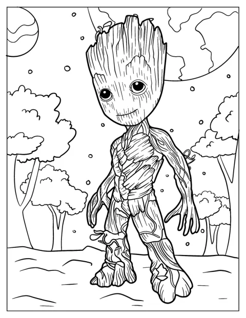 Smiling Groot Coloring Page In Galaxy