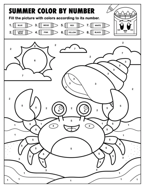 カニが夏の海辺で貝殻を抱えています。