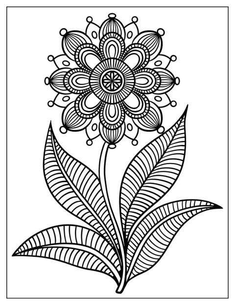 En enkel blomst med stilk og lange blade indgår i en mandala.