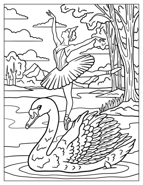 En svane glider gennem vandet, mens en ballerina danser ved bredden.