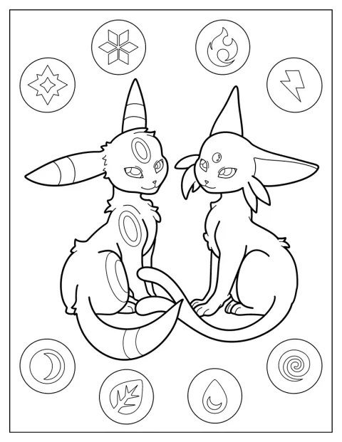 Umbreon e Espeon compaiono fianco a fianco.