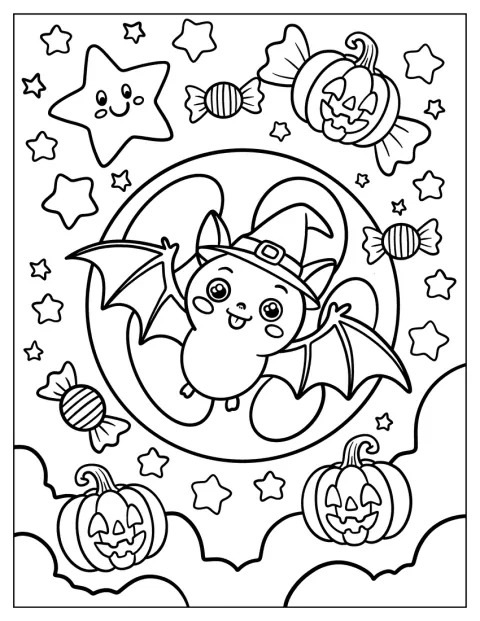 Une chauve-souris coiffée d’un chapeau de sorcière vole devant la pleine lune, parmi bonbons, étoiles et citrouilles.