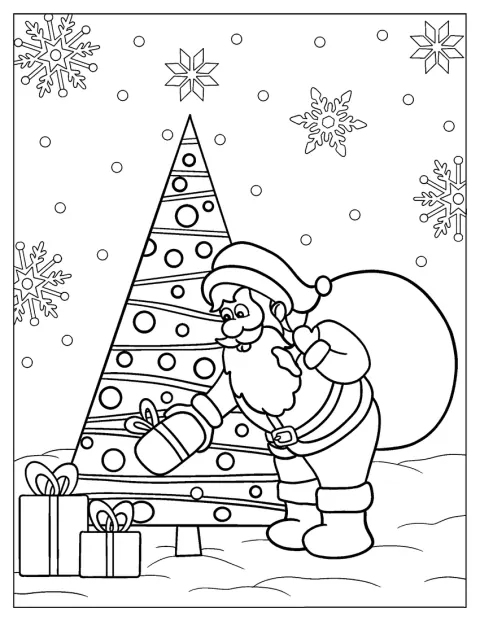 Santa Claus pokládá dárky pod vánoční stromek, zatímco venku sněží.