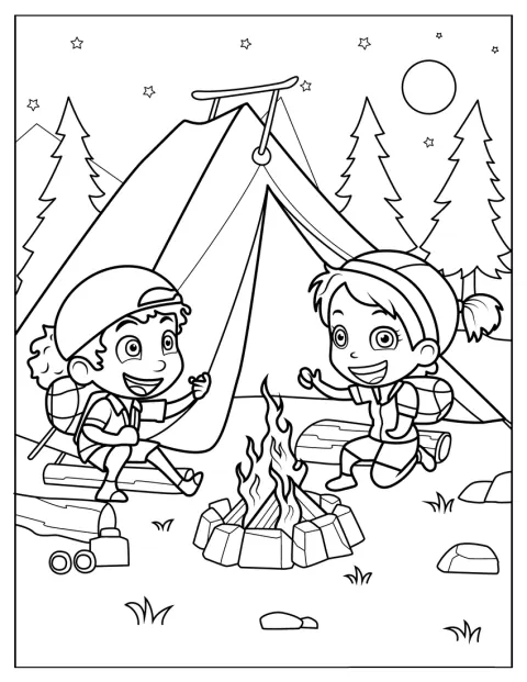 Un garçon et une fille chantent des chansons près d’un feu de camp.