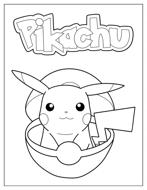 Uroczy Pikachu wygląda ze środka Poké Balla.