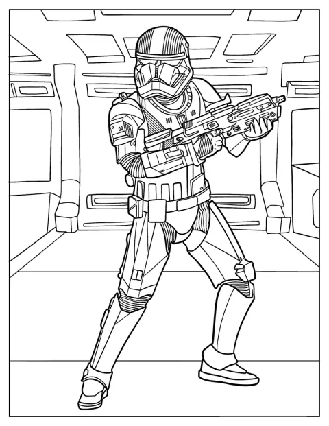 En detaljerad Stormtrooper står inne i en Star Destroyer.