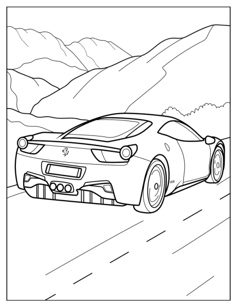 Supersamochód Ferrari pokazano od tyłu, z widocznymi światłami i tylnym spojlerem.
