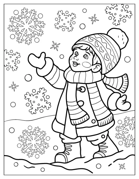 Een meisje steekt haar handen uit om vallende sneeuwvlokken te vangen.