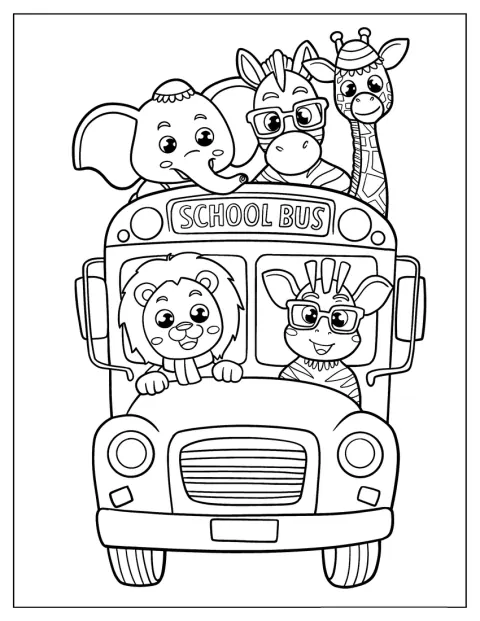 Roztomilý lev, slon a žirafa jedou ve školním autobusu.