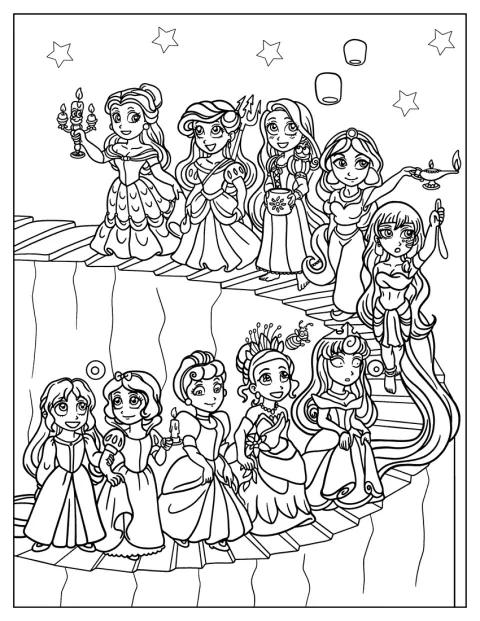 Várias princesas Disney aparecem desenhadas em estilo chibi.