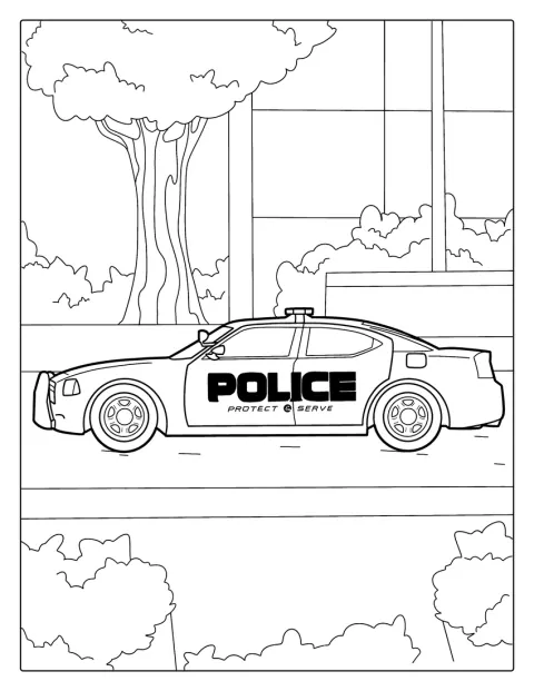 En Dodge Charger-polisbil kör längs gatan.