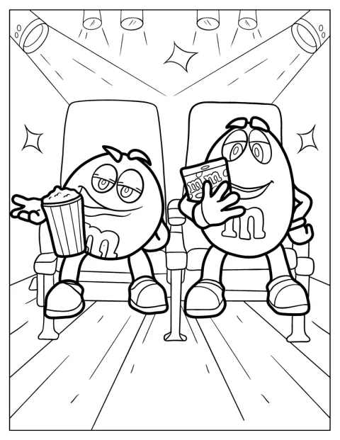Au cinéma, les personnages M&M’s rouge et jaune regardent un film.