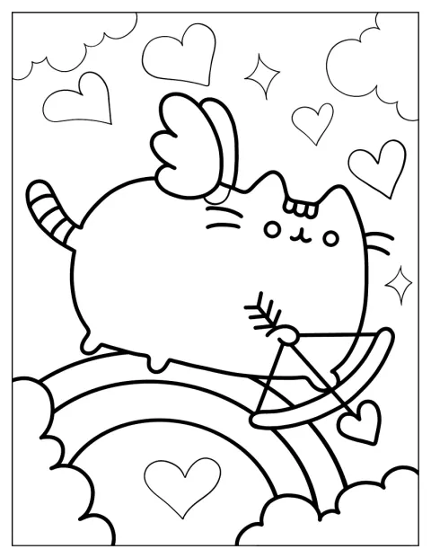 Pusheen, în rol de Cupidon, ține un arc printre inimioare.