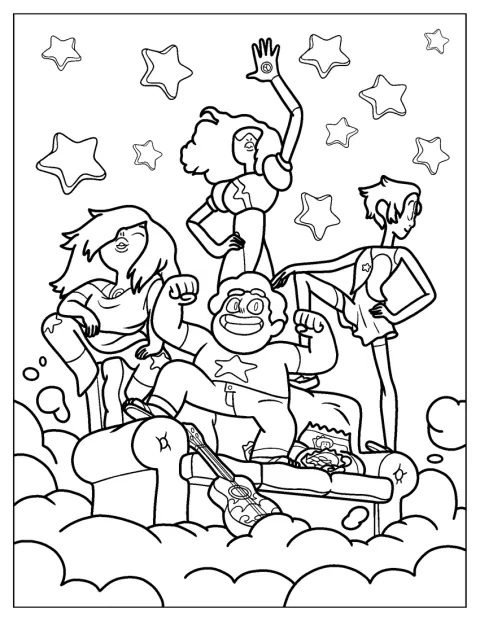 Sohvalla poseeraavat Steven Universe, Amethyst, Pearl ja Garnet.