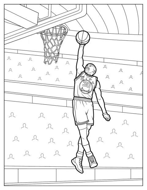 Stephen Curry ve výskoku smečuje basketbalový míč do koše.