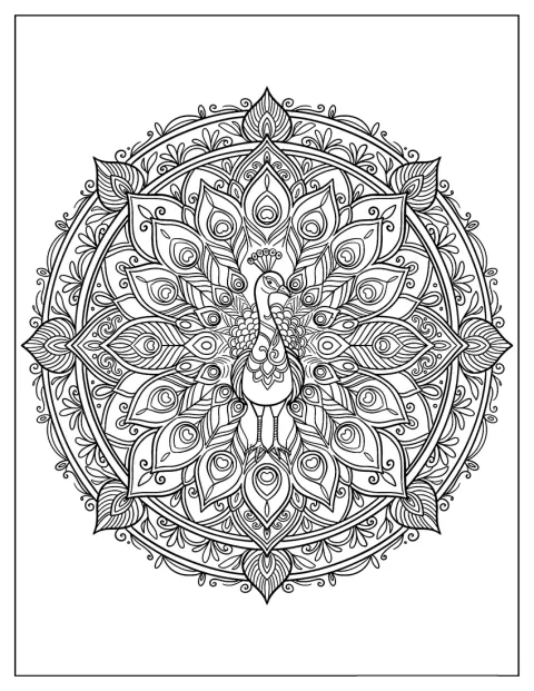Un pavo real despliega una cola adornada con motivos de mandala.