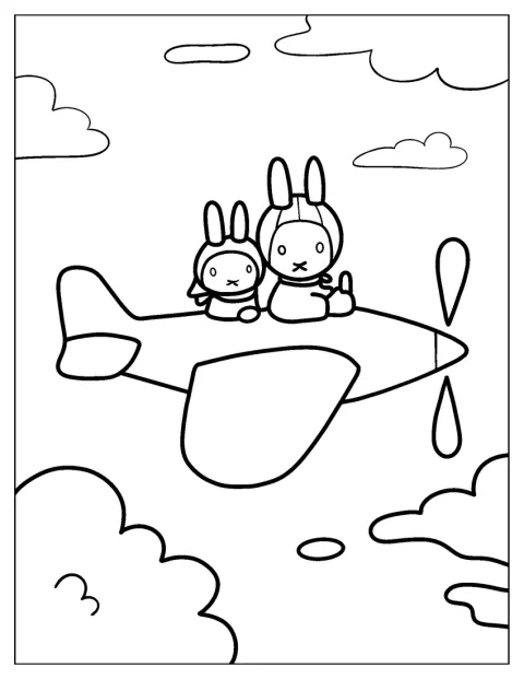 Miffy och Melanie flyger tillsammans i ett flygplan.