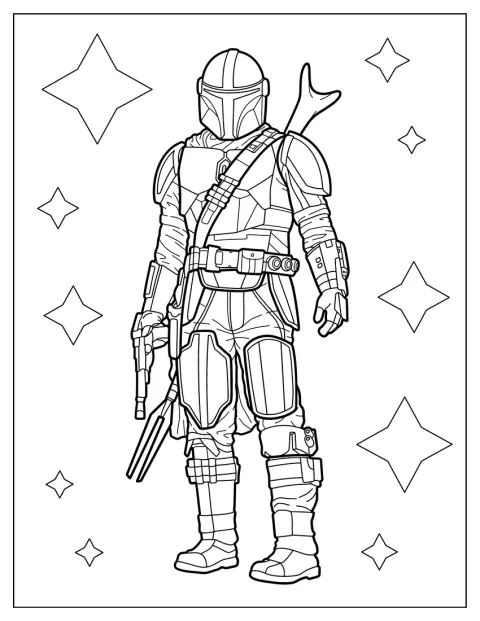 Il Mandaloriano impugna un blaster, pronto all'azione.