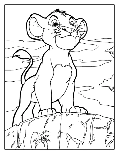 Simba è in piedi sulla Rupe dei Re, con lo sguardo rivolto in avanti.
