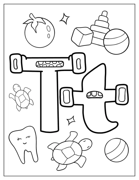 Sköldpaddor och tänder syns tillsammans med bokstaven T från Alphabet Lore.