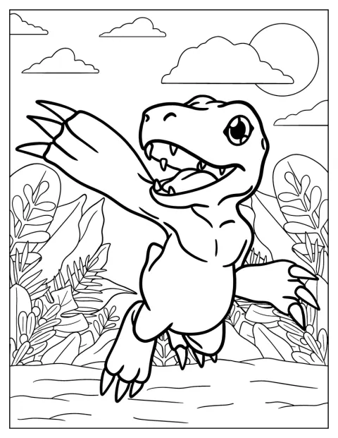 Agumon streckt einen Arm hoch und greift nach etwas über sich.