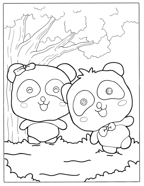 To nuttede pandaer sidder sammen i kawaii-stil.