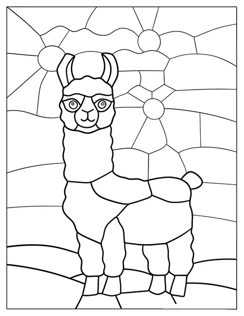 En lama syns i ett geometriskt mönster som liknar glasmålning.