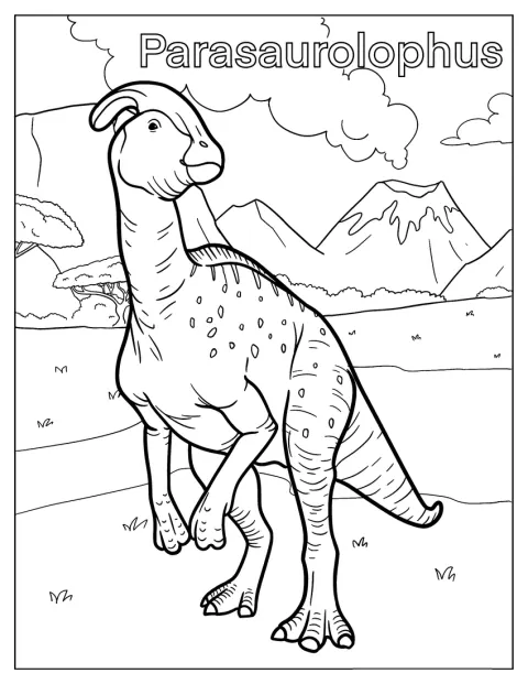 A Parasaurolophus mögött egy magasodó vulkán látható.