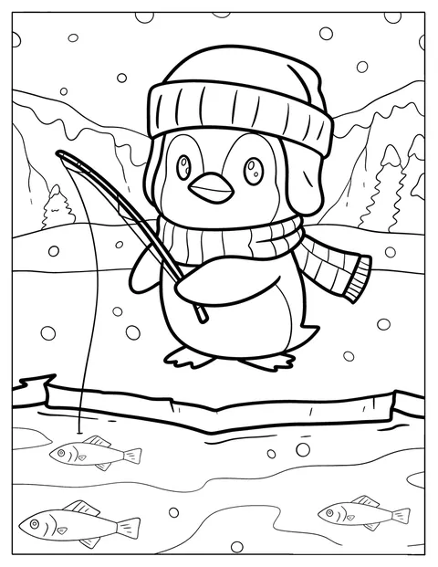 Pe timp de iarnă, un pinguin chibi cu căciulă și fular pescuiește la copcă.