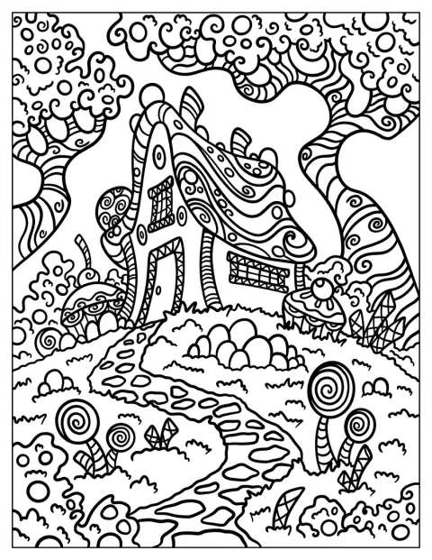 お菓子でできた家が描かれています。