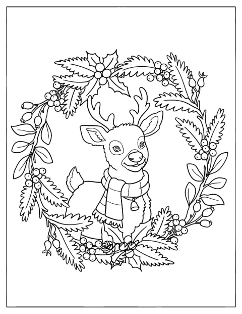 Rudolf z czerwonym nosem wygląda ze środka świątecznego wieńca.