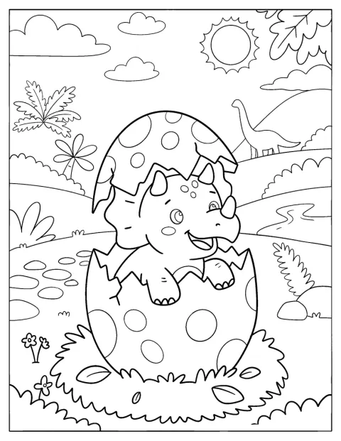 Un pui de Triceratops tocmai iese dintr-un ou crăpat.