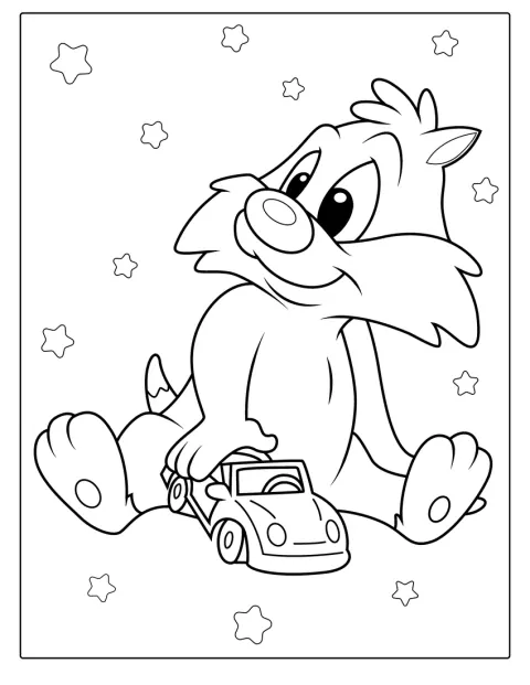 Sylvester bebé está sentado, com um ar meigo.