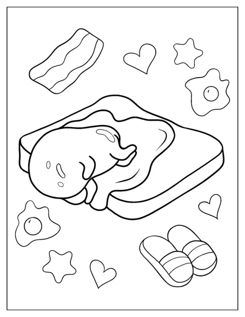 Gudetama éppen lecsúszik egy szelet kenyérről.