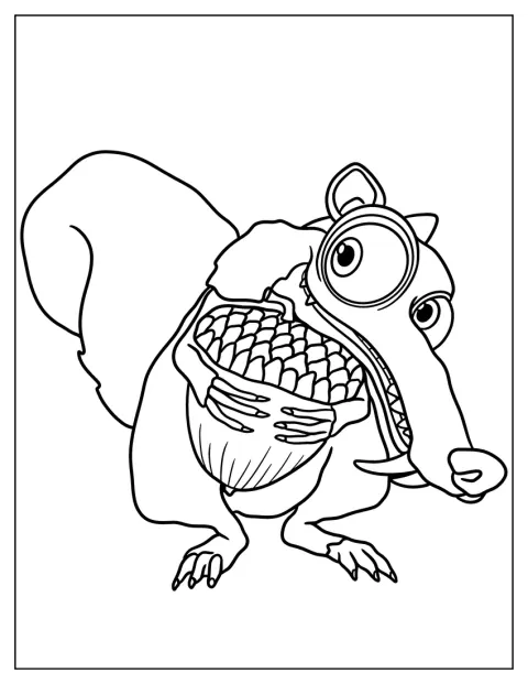 Scrat håller ett ekollon tätt intill sig.