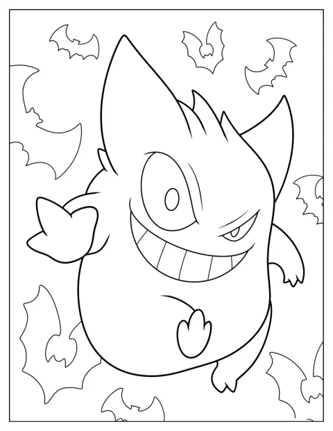 Gengar assustador está rodeado por morcegos num cenário de Halloween.