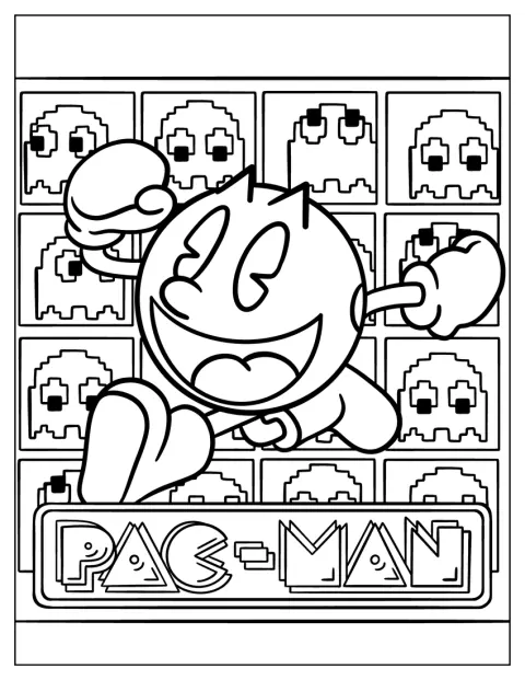 Pac-Man corre in primo piano, con icone di fantasmi sullo sfondo.
