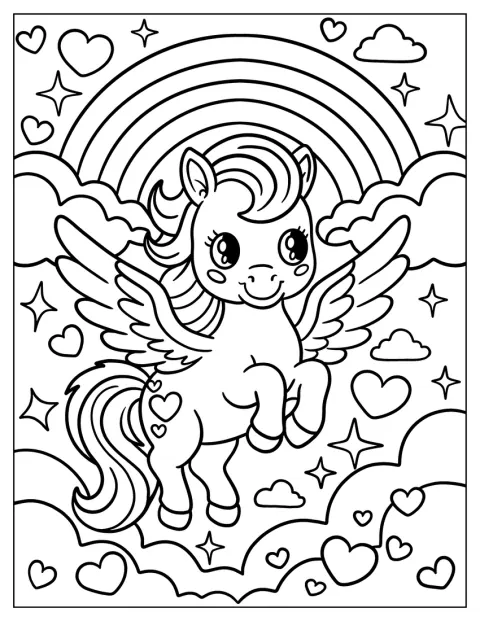 Um pónei Pégaso kawaii flutua entre nuvens, estrelas e um arco-íris.